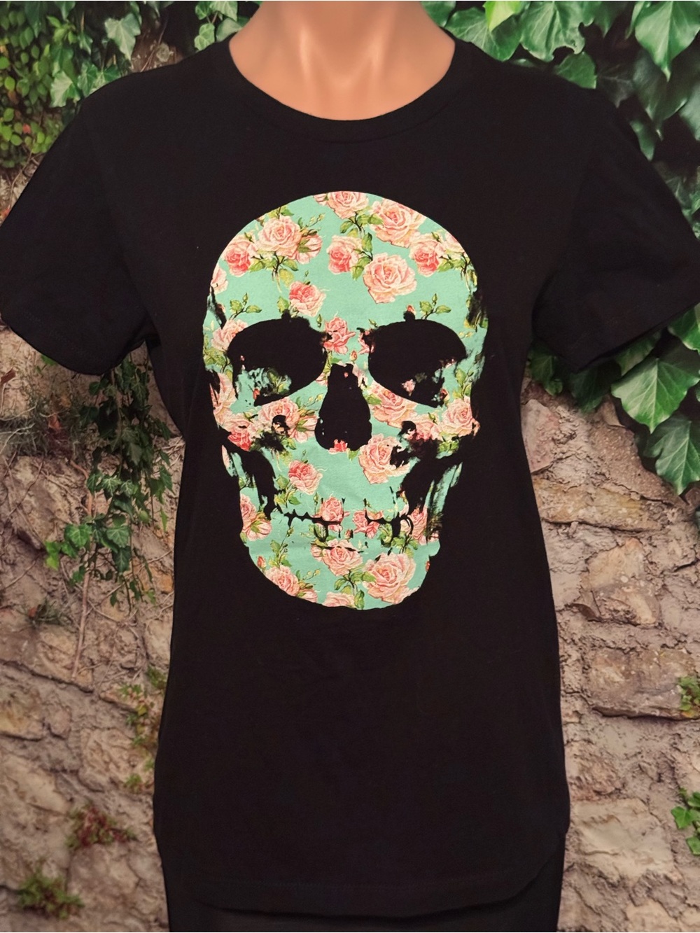 Empyre Black Tee with Floral Turquoise Skull Graphic